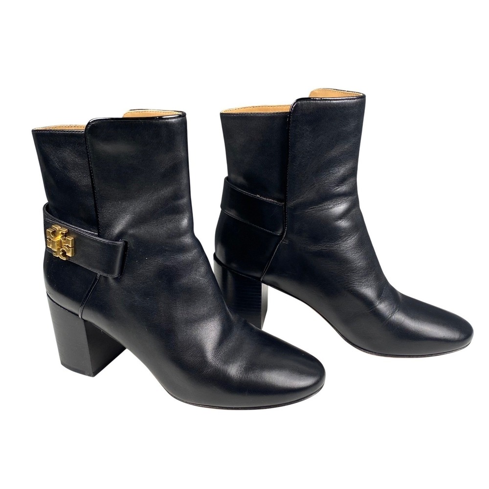 Tory Burch Black Leather Logo Turn Lock‎ Block Heel Ankle Boots 10942 F20 7.5 WP